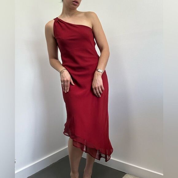 Vintage Dresses & Skirts - Vintage 90's One Shoulder Asymmetric Wine Red Chiffon Midi Evening Dress Size S